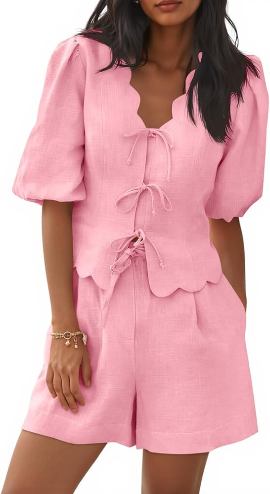 Cicy Bell Womens Summer 2 Piece Short Sets Puff Short Sleeve V Neck Bow Tie Front Tops Wide Leg S... | Amazon (US)