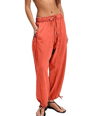 Aimiray Barrel Pants Women Loose Wide Leg Cotton Linen Drawstring Pants Elastic Waist Baggy Flowy... | Amazon (US)