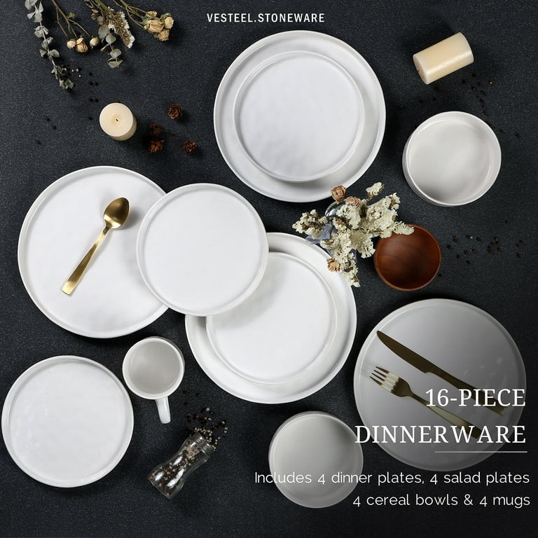 Vesteel Dinnerware Sets, 16-Piece Stoneware Plates and Bowls Set, Dishes Set for 4, Elegant Ceram... | Walmart (US)