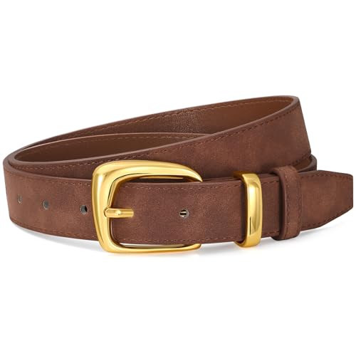 SANSTHS Women Suede Leather Belt for Dresses Jeans Fashion Gold Buckle Ladies Waist Belts,Dark Coffee,S | Amazon (US)