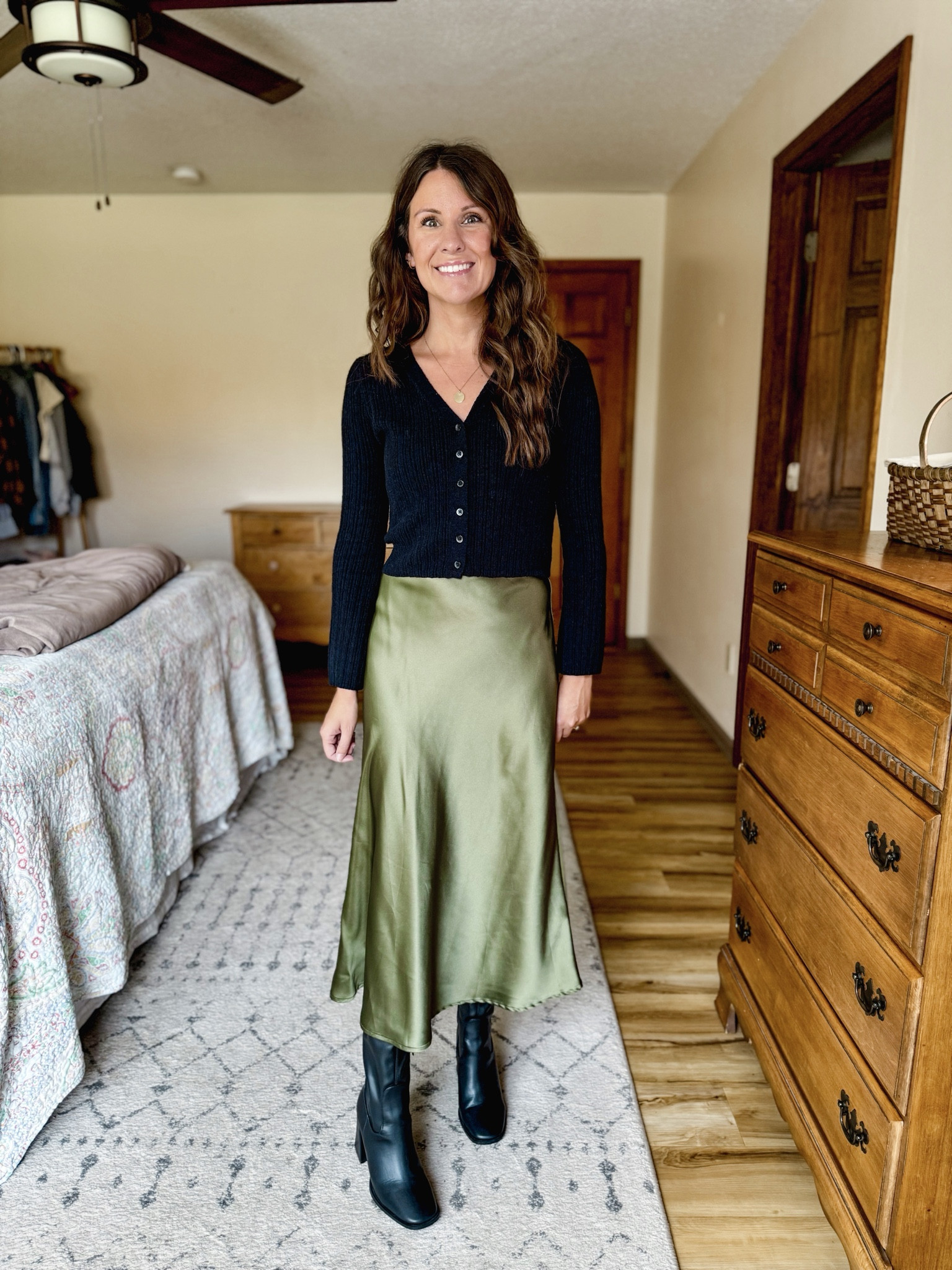 Wearing xs in my cardigan (almost sold out so I also linked similar), xs in my satin skirt and 6.5 in my tall black boots 

#LTKSeasonal #LTKHoliday #LTKFindsUnder50