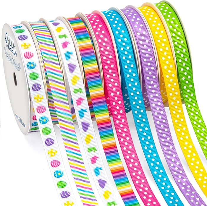 Ribbli 9 Rolls Easter Ribbon,Easter Eggs/Stripe/Bunny/Rainbow/Polka Dot Grosgrain Ribbon,Spring R... | Amazon (US)