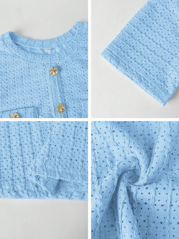 Unadoll Women's Spring Round Neck Short Sleeve Faux Pocket Decorative Button Fabric Elegant Teach... | SHEIN