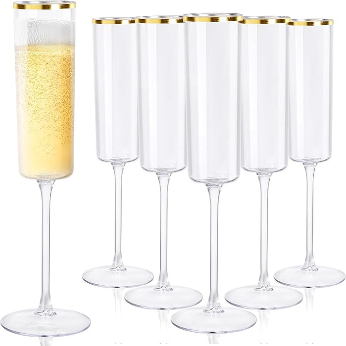 Ciaell 24 Pack Plastic Champagne Flutes - 6Oz Gold Rim Disposable Champagne Glasses - Square Clea... | Amazon (US)