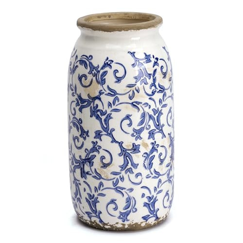VICTOR & TERESA Rustic Blue and White Vase for Home Decor, Ceramic Vases for Flowers, Modern Farmhouse Decorative Vases for Pampas Grass,Table, Mantel, Living Room,Bookshelf, Centerpieces, 8'' | Amazon (US)