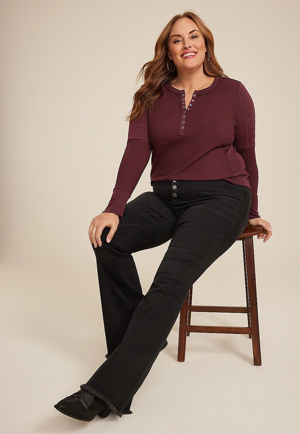 Plus Size Cable Knit Mix Henley Tee | Maurices