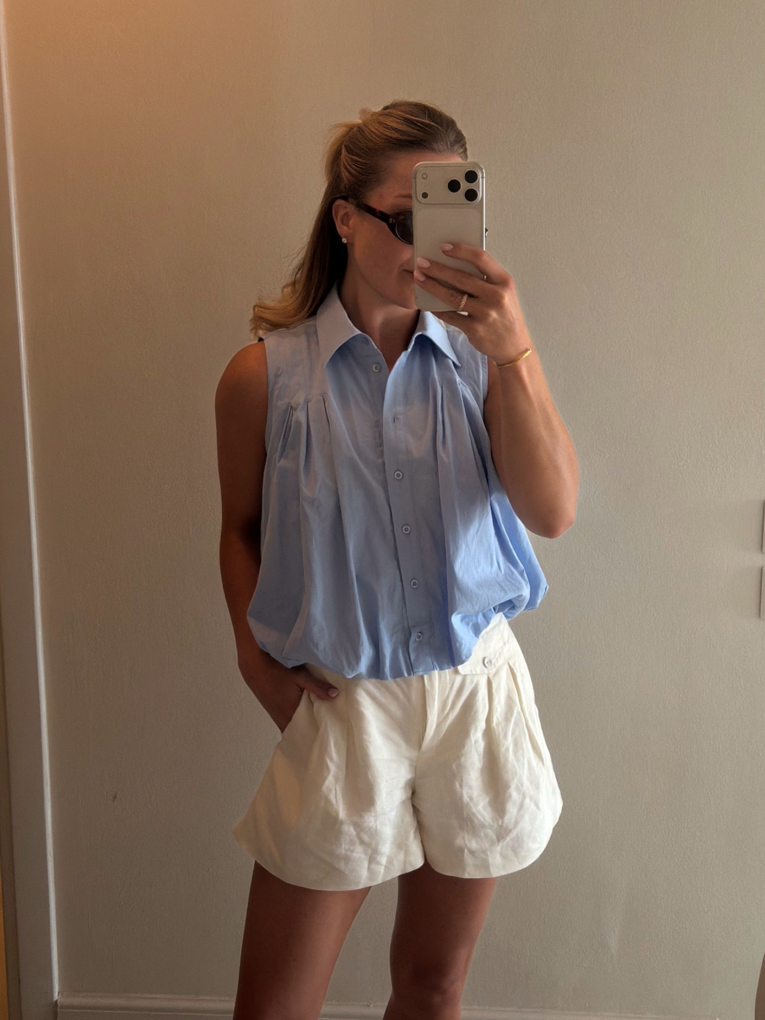 A simple white and blue outfit styling linen shorts for a holiday outfit 💙 save 15% off Karen Millen with code KMCHLOE15

#LTKsummer