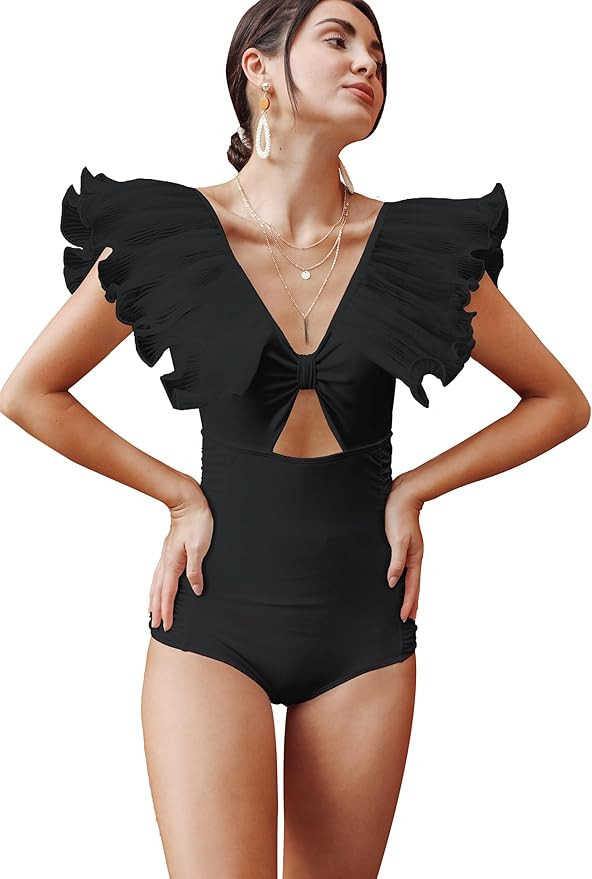 Women One Piece Swimsuit Pleated Lace Ruffle Bathing Suit Padded Swimwear | Amazon (US)