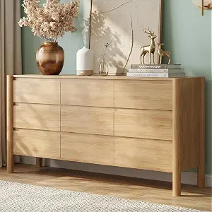 CHUWELL 63" Wide Oak 9 Drawer Dresser for Bedroom with Solid Wood Legs | Mid Century Modern Chest... | Amazon (US)