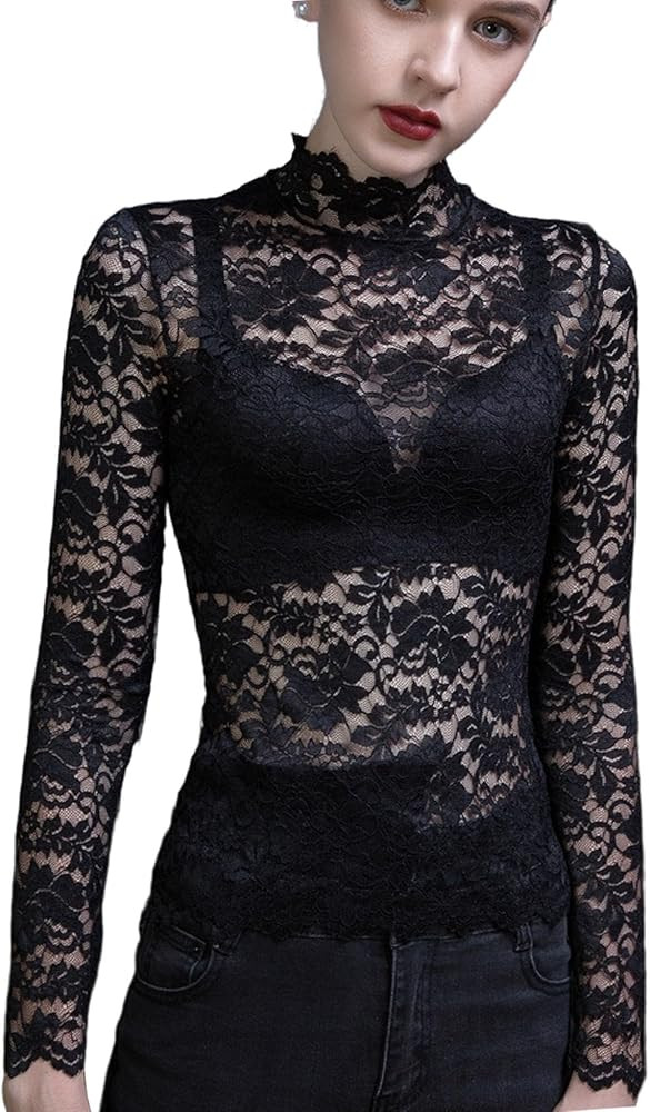 METWAY Women’s Lace Tops Long Sleeve Lace Shirt Sheer See Through Ruffle Embroidered Undershirt... | Amazon (US)