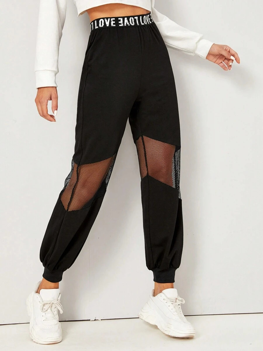 SHEIN EZwear Letter Graphic Waist Fishnet Panel Pants | SHEIN