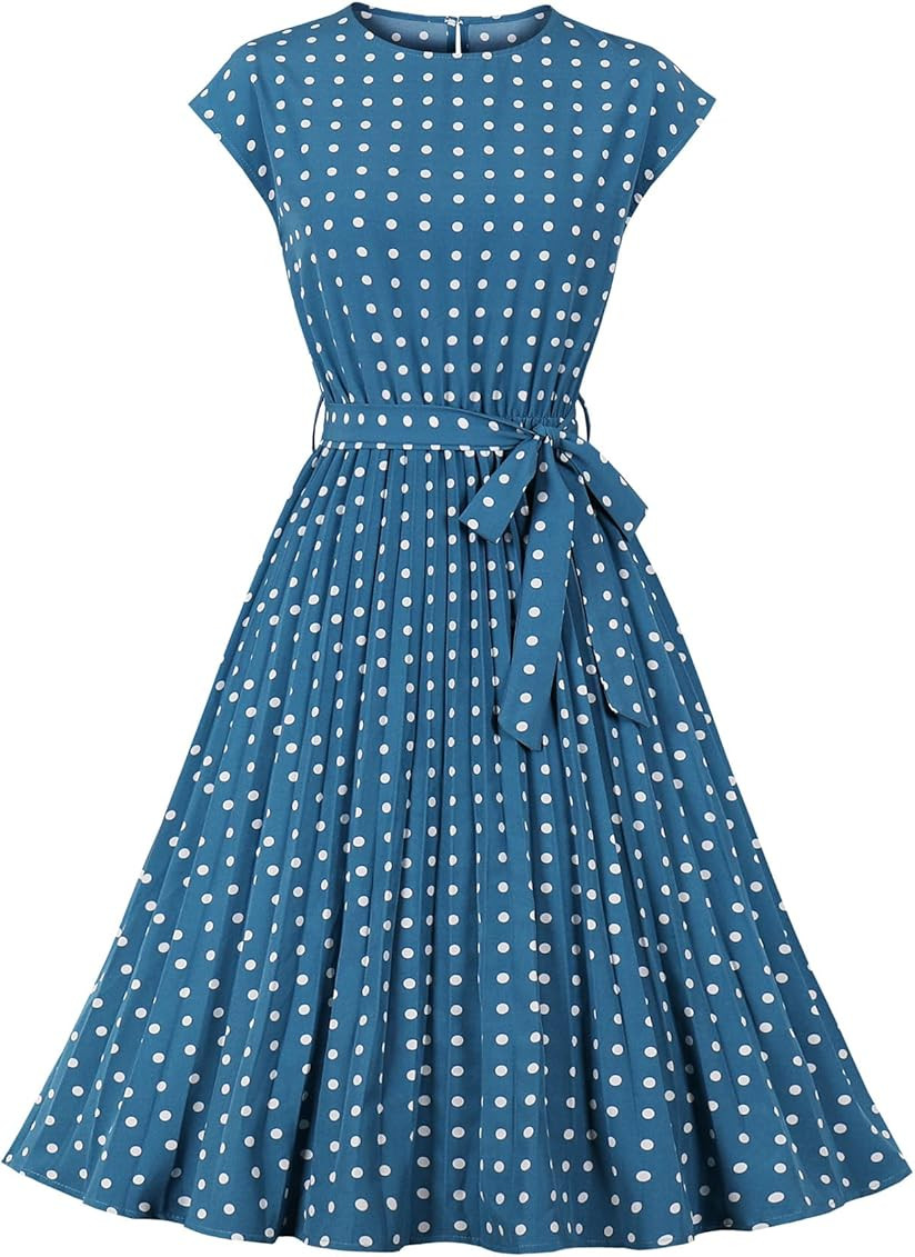 Wellwits Women's Polka Dots Cap Sleeves Pleated Vintage Dress | Amazon (US)