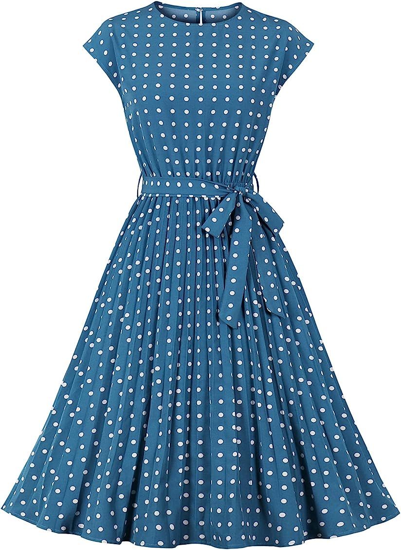 Wellwits Women's Polka Dots Cap Sleeves Pleated Vintage Dress | Amazon (US)