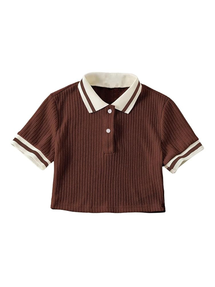 Verdusa Women's Button Up Collared T Shirt Contrast Trim Short Sleeve Knit Crop Tops | Amazon (US)