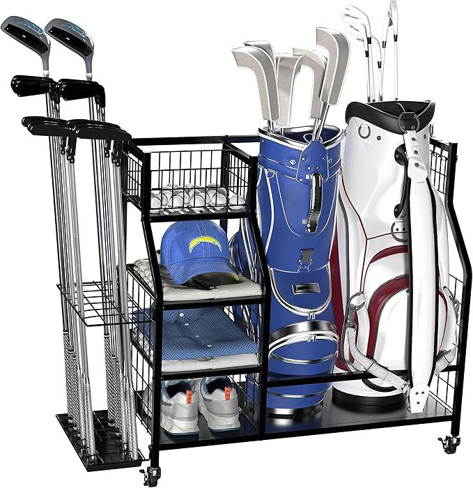Golf Storage Organizer for Garage, Golf Bag Holder Club Organizer Rack, Fits for 2 Golf Bags and ... | Amazon (US)