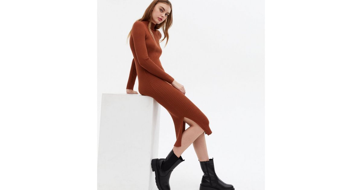 Rust Ribbed ,Knit High Neck Midi Dress
						
						Add to Saved Items
						Remove from Saved It... | New Look (UK)