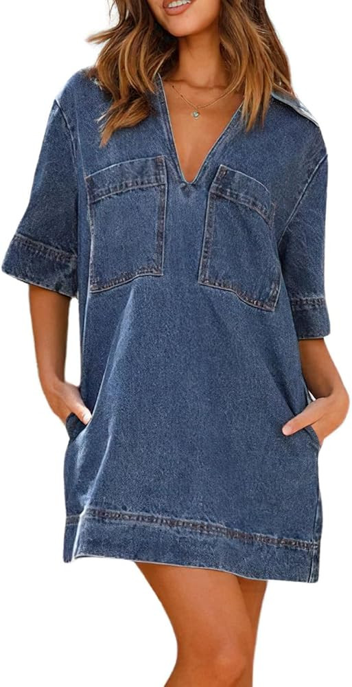 chouyatou Women's Summer Loose Fit V-Neck Sexy Mini Denim Dress Cute Jean Tunic Dress with Pocket... | Amazon (US)