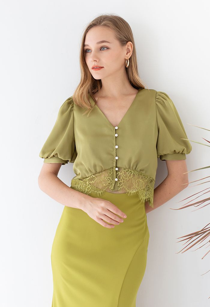 Lacy Waist V-Neck Satin Top in Olive | Chicwish