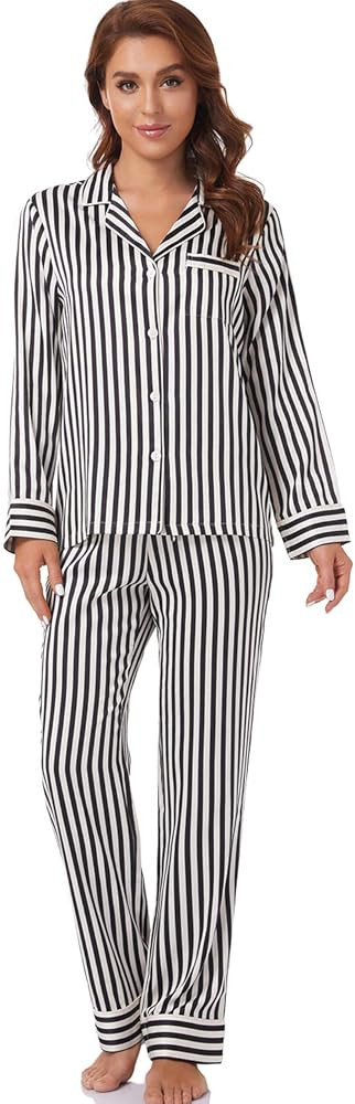 Serenedelicacy Women's Satin Pajama Set Long Sleeve Button Down Sleepwear 2-Piece Striped Silky P... | Amazon (US)