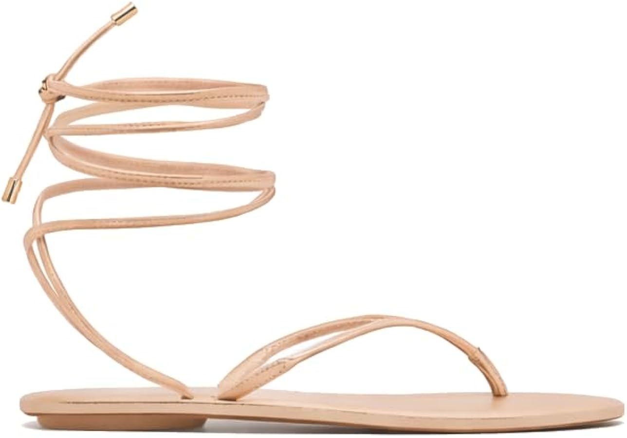 Women's Gold Lace-Up Flat Sandals Strappy Round Thong Toe Gladiator Tie Up Dress Flip Flop Summer... | Amazon (US)