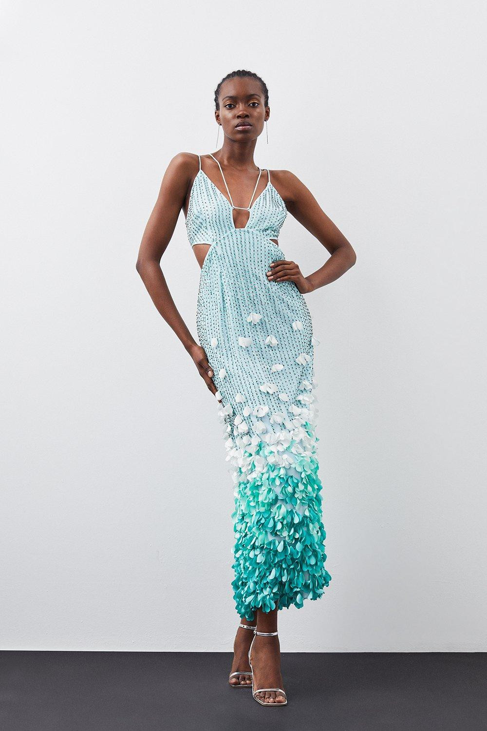 Crystal Applique Deep V Woven Maxi Dress | Karen Millen US