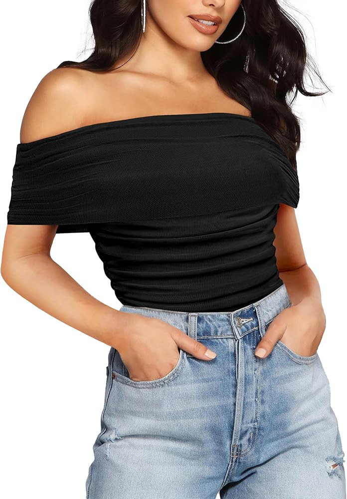 SAUNGKUAI Women's Short Sleeve Bodysuit Off the Shoulder Mesh Ruched One Piece Body Suits Summer ... | Amazon (US)