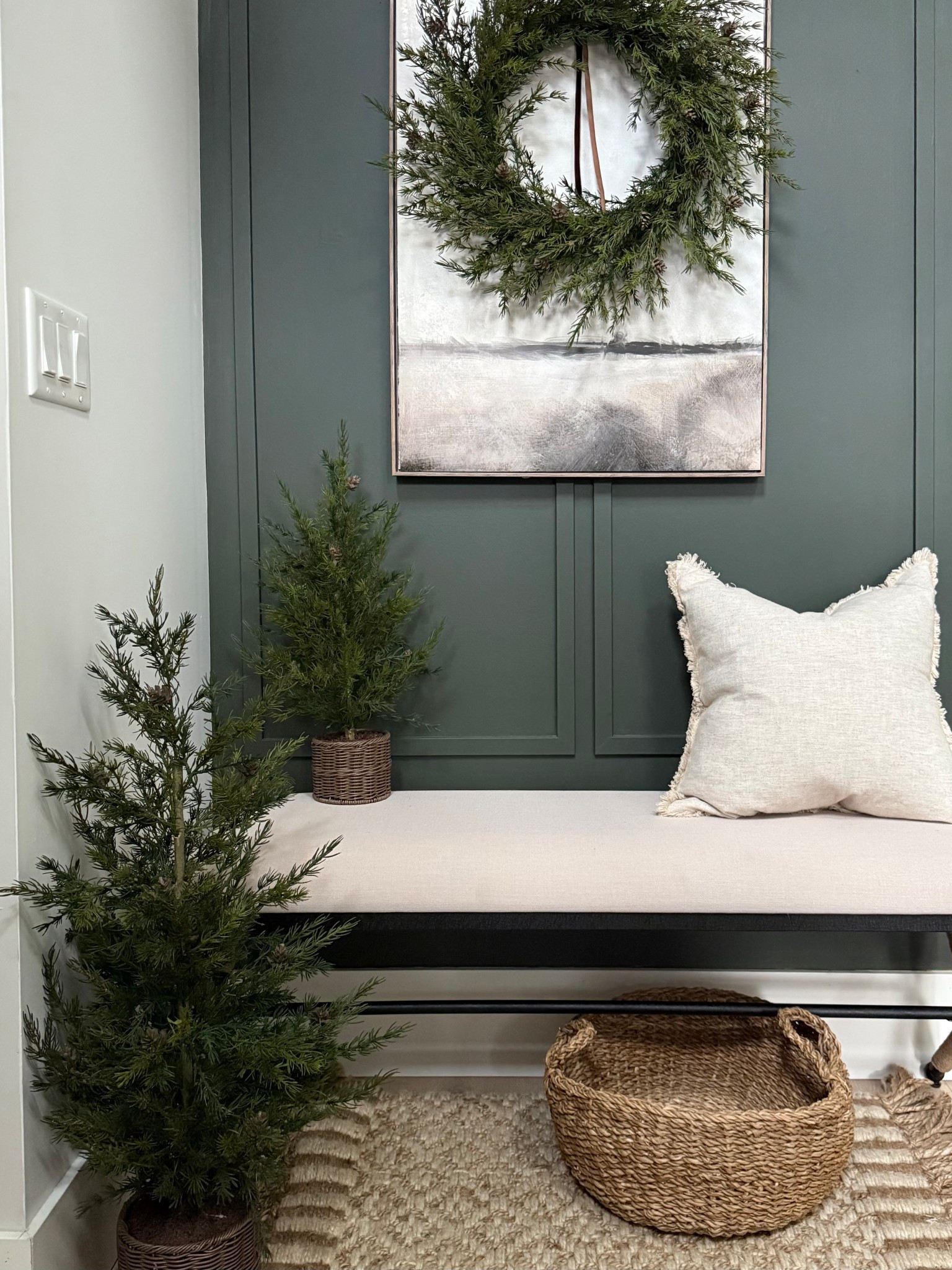 Cozy holiday entryway✨
Gave this space a refresh with a comfy bench and textured throw rug! 
Wall color: SW ripe olive 

#LTKHoliday #LTKSeasonal #LTKHome