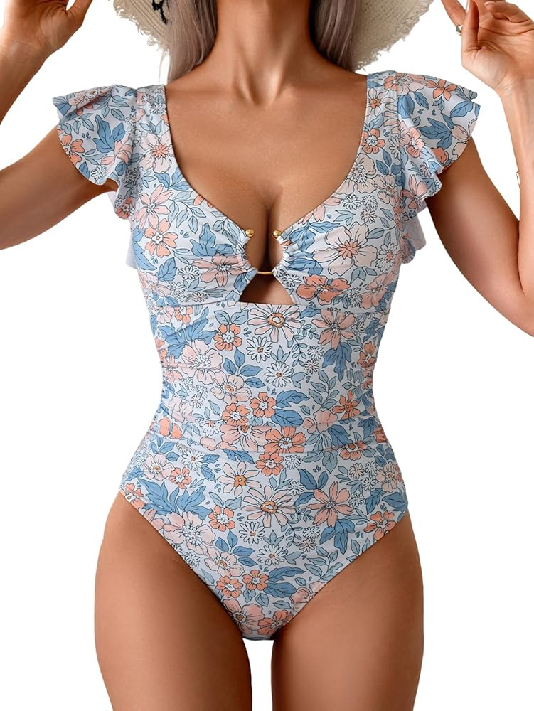 Eomenie Womens Ruffled One Piece Swimsuit Slimming Tummy Control Bathing Suit V-Neck Cutout Swimw... | Amazon (US)