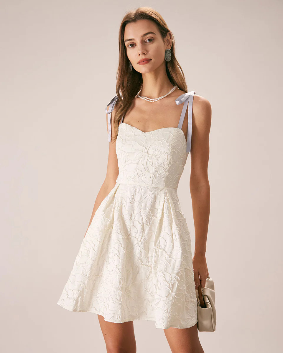 The Off White Jacquard Tie Strap Mini Dress | rihoas.com