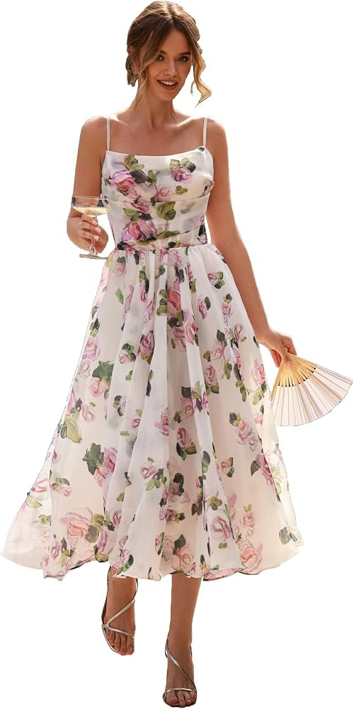 Meowmming Organza Prom Dress Sleeveless Print Suspender Dress Midi Homecoming Dress Spaghetti Str... | Amazon (US)