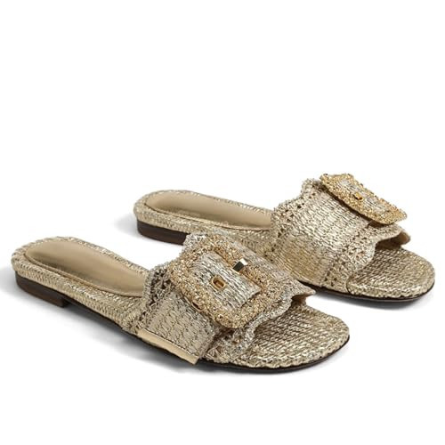 ZJGZF Raffia Flat Sandals for Women Buckle Summer Beach Sandals Straw Woven Braided Rattan Slides Comfort Cute Dressy Shoes Gold Metal | Amazon (US)