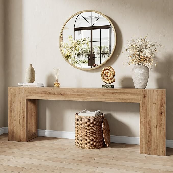 86.75" Extra Long Console Table with Side Square Hollow Column for Living Room, Wood Sofa Table w... | Amazon (US)