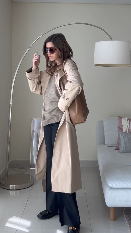 Winter neutral outfit with flared leggings, neutral jumper and trench coat 

#LTKSeasonal #LTKworkwear #LTKunder100