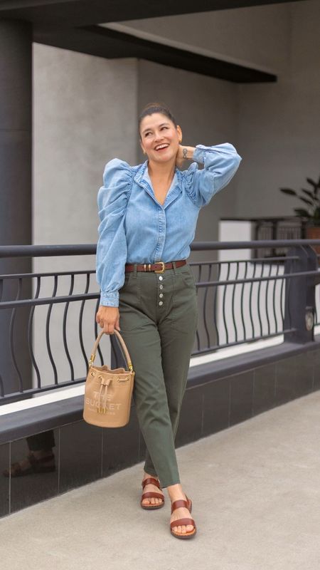 Frame chambray shirt, statement denim shirt, Marc Jacobs bucket bag - Versatile, neutral, useful AND makes a statement?! 

Veronica beard olive green pants

@bloomingdales #bloomingdales #ad

#LTKworkwear #LTKitbag #LTKover40