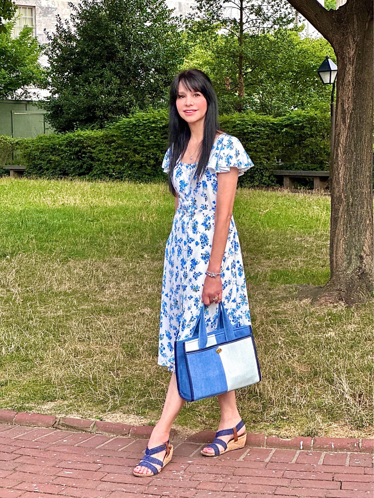 Happy Friday! Hope everyone has a wonderful weekend!

I’ve always loved the refreshing vibe of the combination of blue and white, and this floral print dress and color-block bag are perfect examples! This dress has such an easy, comfortable and versatile style that I actually purchased it in 2 other floral prints (one featured on my 6/17 post and another not yet posted). 
This bag is so roomy to carry all essentials plus iPad, and comes with a wide, current trend detachable shoulder/crossbody strap! The quality and style is equivalent to bags of a much higher price range.