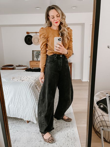 Currently uniform -puff-sleeve sweatshirt with a long sleeve layered underneath, horseshoe jeans + flats. Size down in the jeans and size up in the sweatshirt. 

#momstyle
#puffsleevesweatshirt
#horseshoejeans
#leopardflats 
#redlipstick

#LTKbeauty #LTKsalealert #LTKunder50