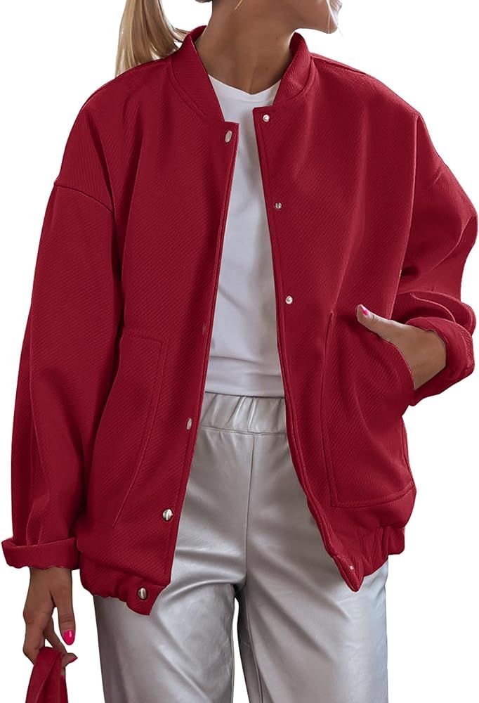 PRETTYGARDEN Women's 2023 Fall Varsity Bomber Jackets Casual Baseball Collar Button Down Coats Ou... | Amazon (US)