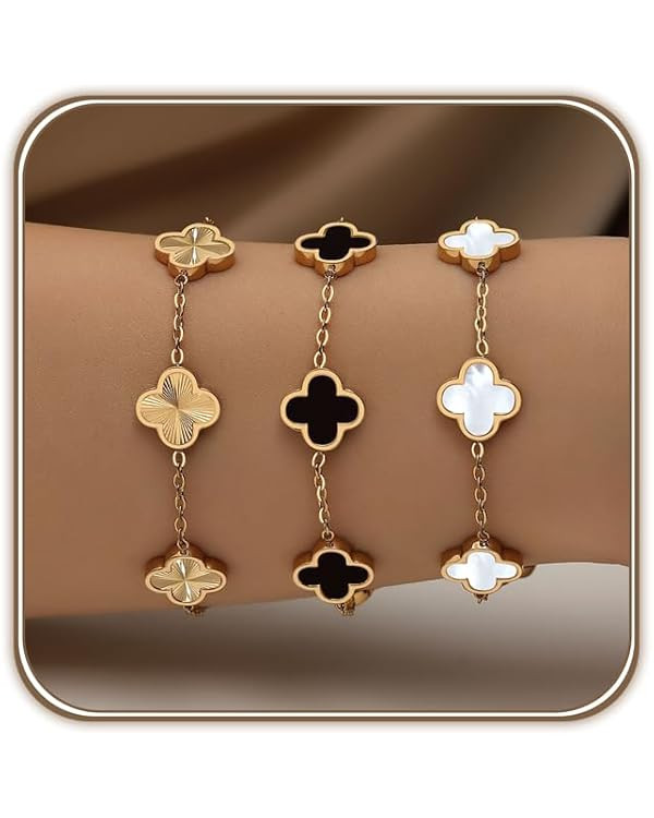 18K Gold Plated Clover Bracelet Set for Women White/Black/Gold/Silver/Green/Pink Adjustable Link ... | Amazon (US)
