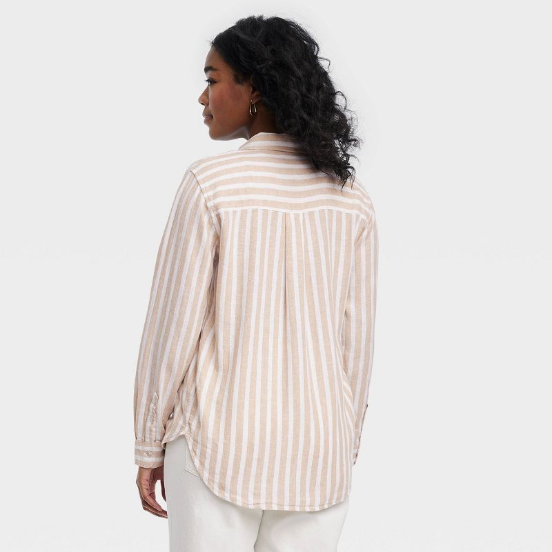 Women's Linen Long Sleeve Collared Button-Down Shirt - Universal Thread™ Tan Striped M | Target