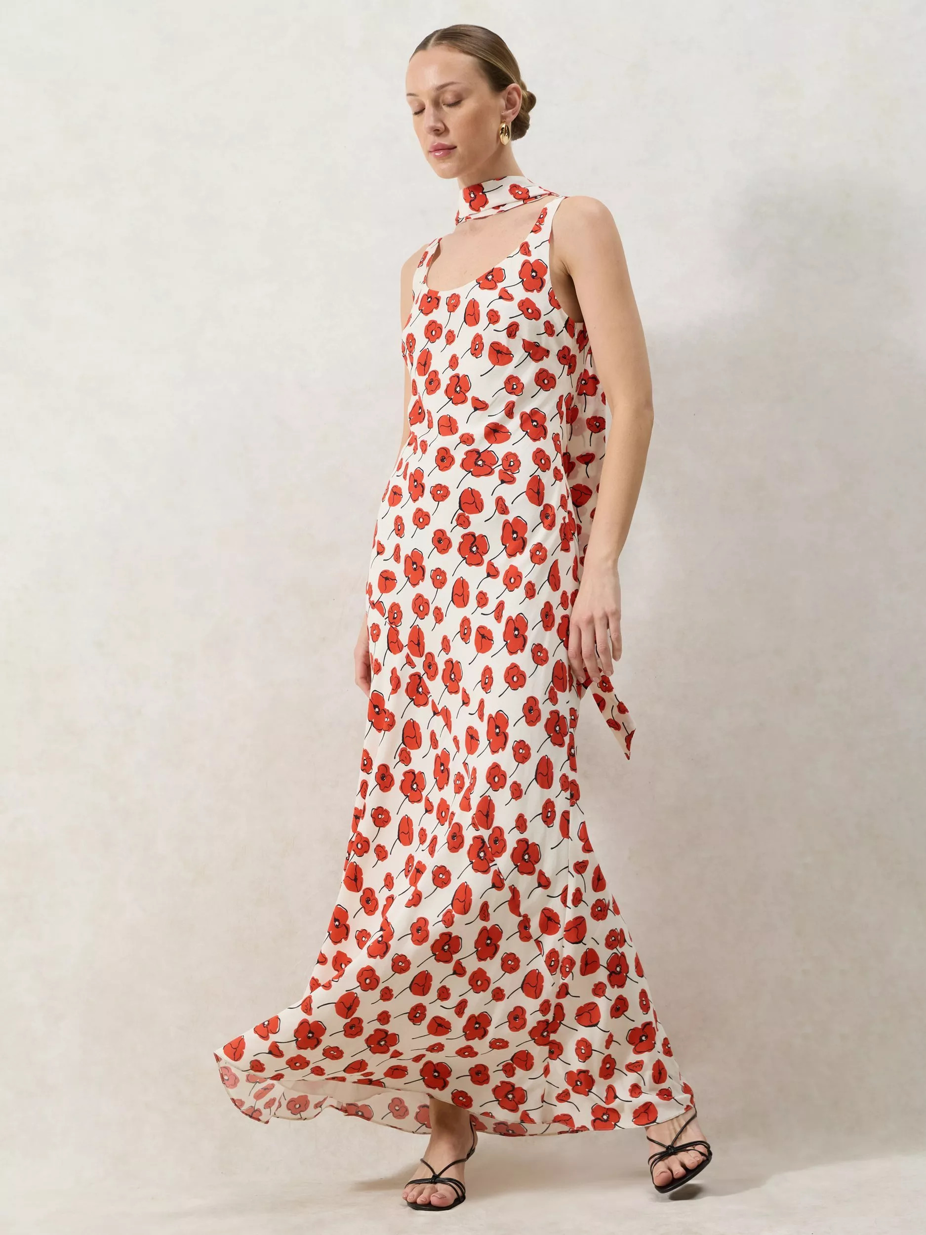 Ro&Zo Ella Poppy Print Tie Detail Maxi Dress, Red | John Lewis (UK)