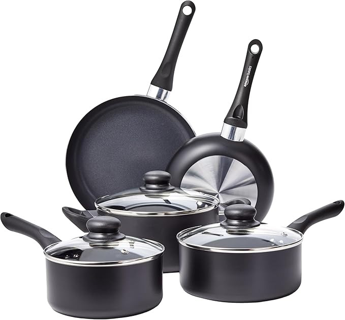 Amazon Basics Durable Non-Stick Cookware Set, Pots and Pans, 8-Piece, Black | Amazon (US)