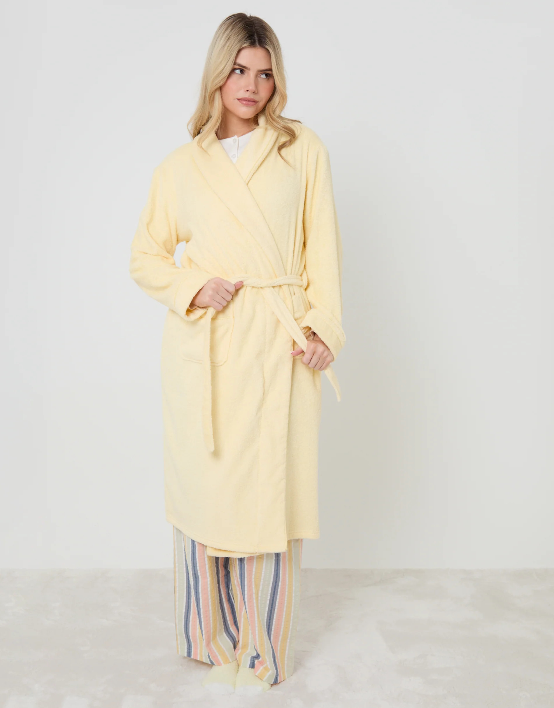 Yellow Towelling Midi Dressing Gown | Threadbare