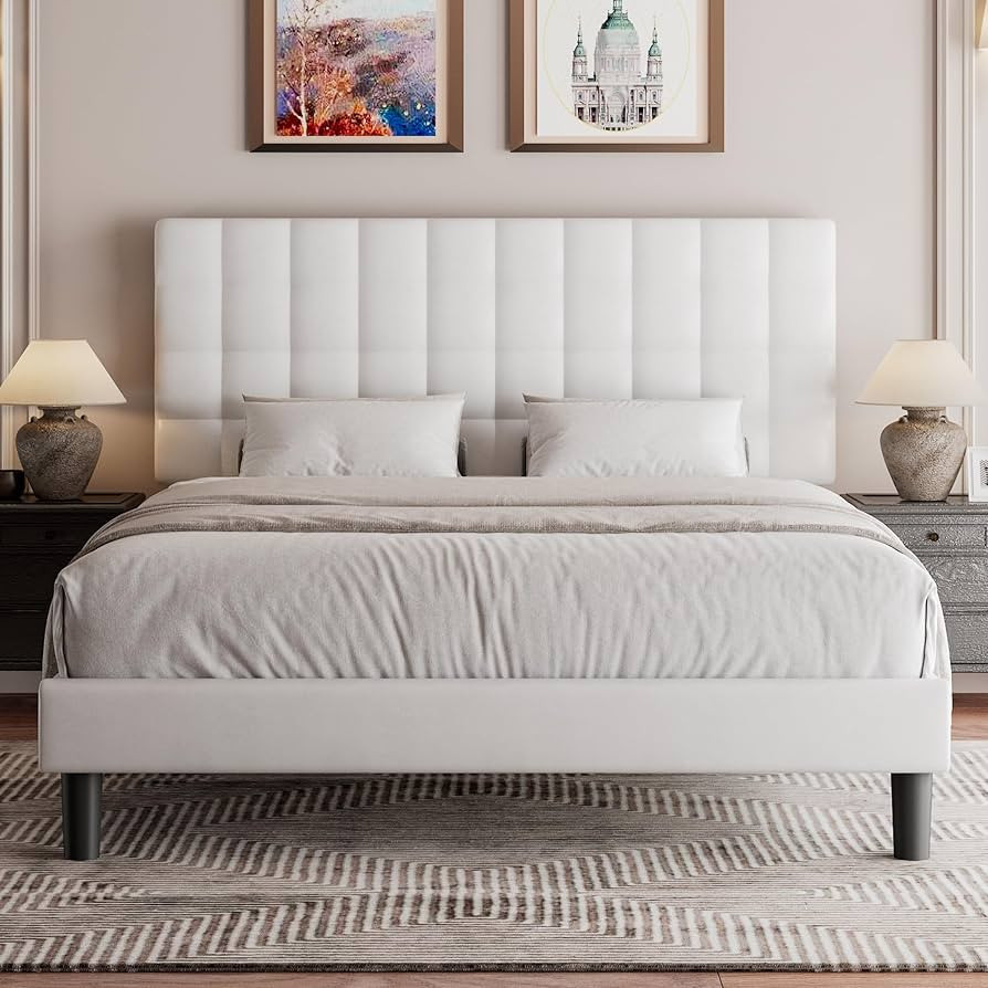 Feonase Full Size Bed Frame with Square Stitched Headboard, Faux Leather Upholstered Platform Bed... | Amazon (US)