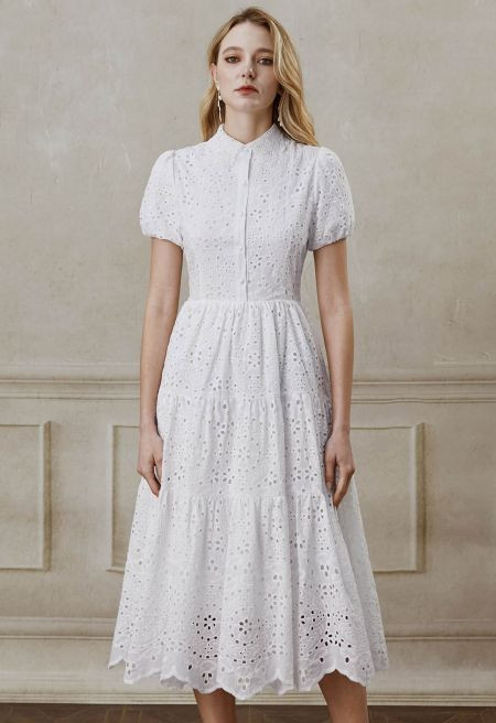 Crochet Collar Embroidered Eyelet Cotton Dress | Chicwish