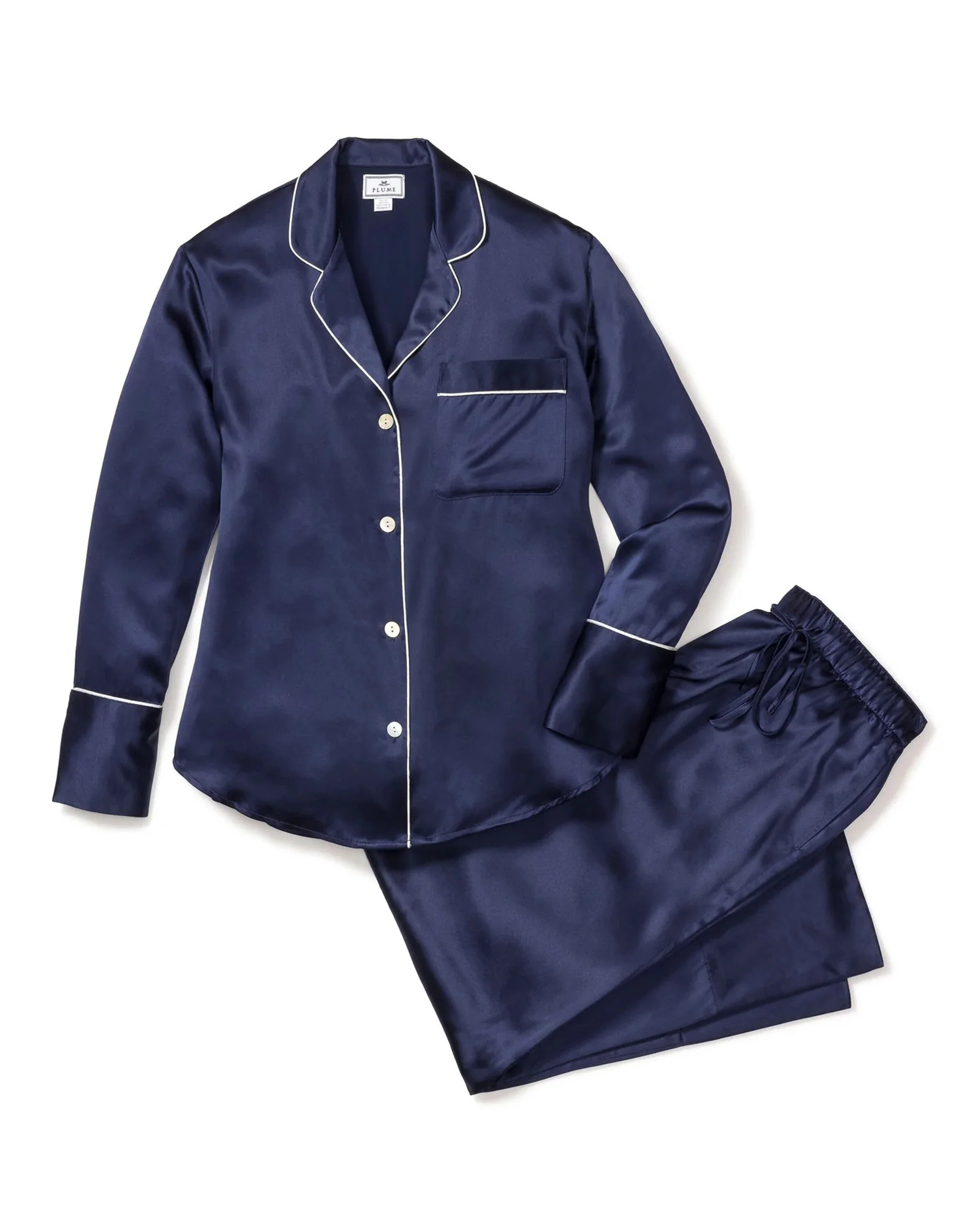 Women's Silk Pajama Set in Navy | Petite Plume