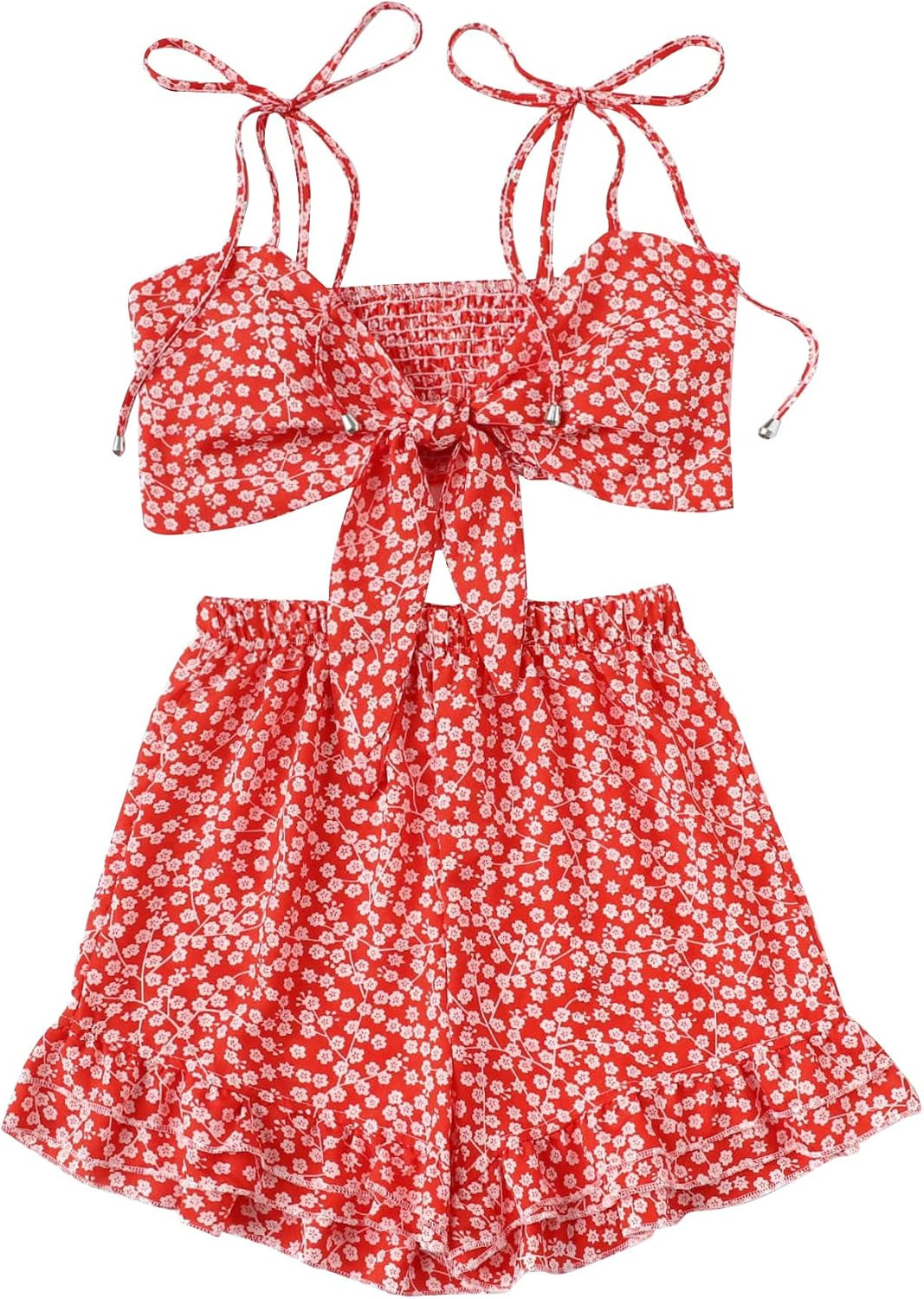 SweatyRocks Women's Boho 2 Piece Outfits Knot Front Crop Top with Shorts Sets | Amazon (US)