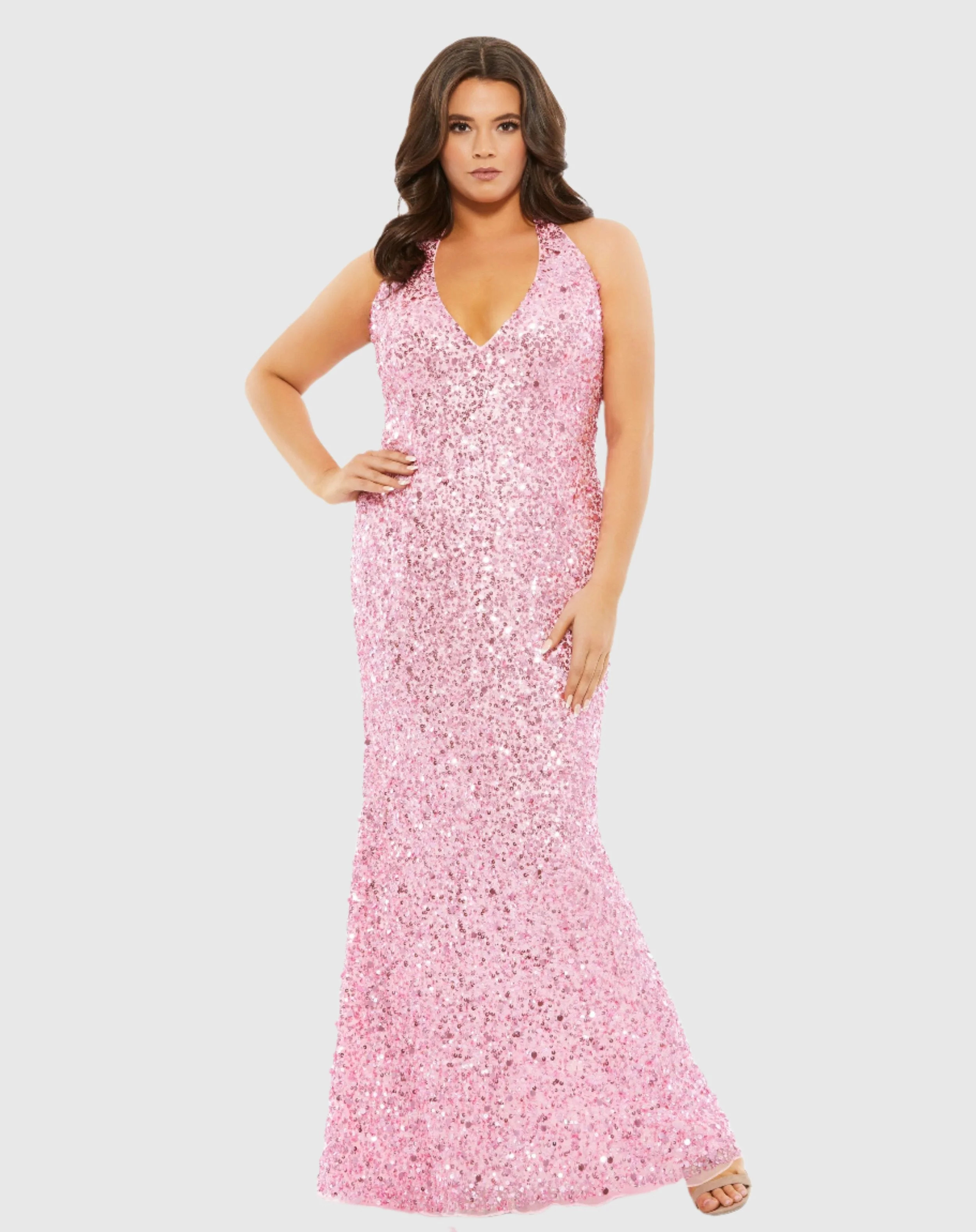 Pink Sequined Halter Strap Open Back Trumpet Gown (Plus) - Mac Duggal | Mac Duggal