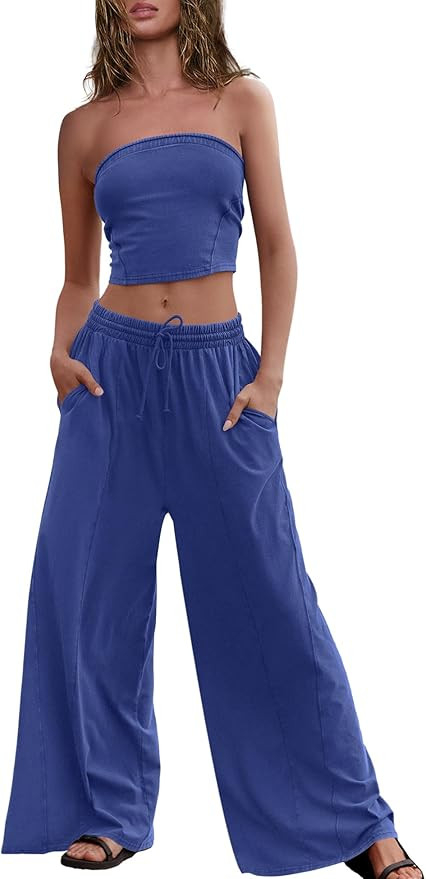 Panadila Womens Summer Lounge Sets 2 Piece Outfits Tube Top and Wide Leg Pants Matching Set Beach... | Amazon (US)