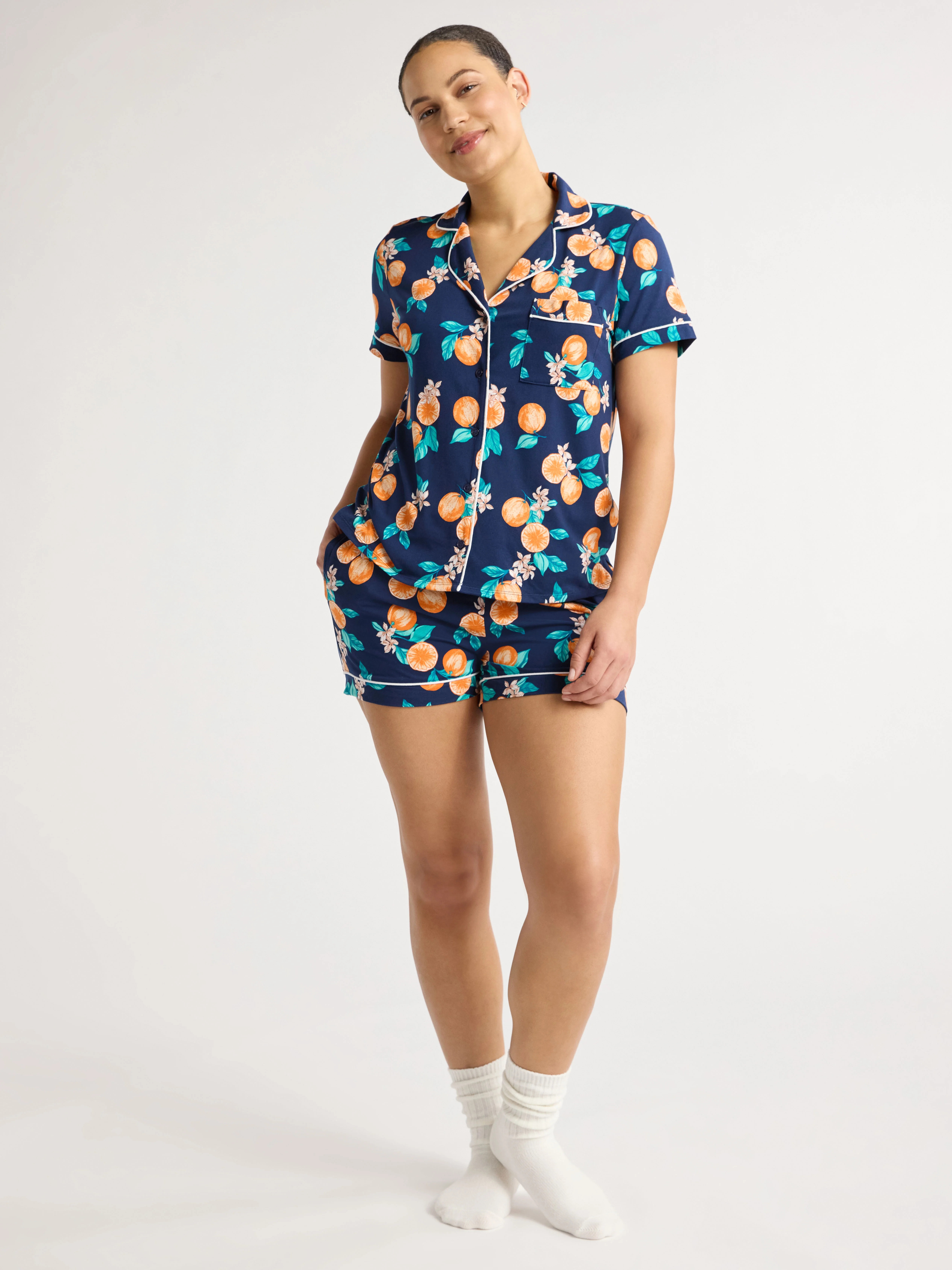 Joyspun Women’s and Women’s Plus Knit Notch Collar Top and Shorts Pajama Set, 2-Piece, Sizes ... | Walmart (US)