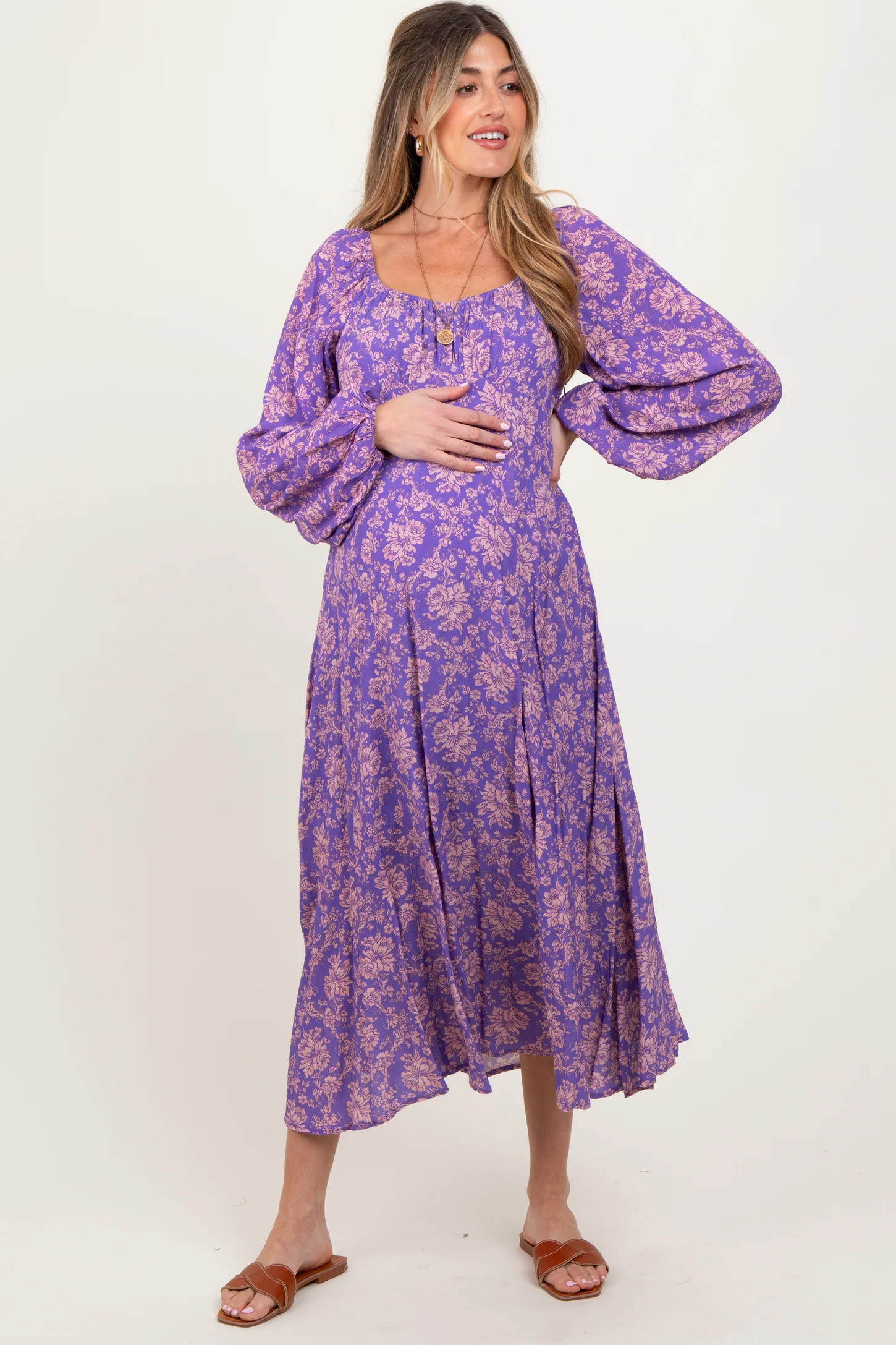 Purple Floral Long Sleeve Maternity Dress | PinkBlush Maternity